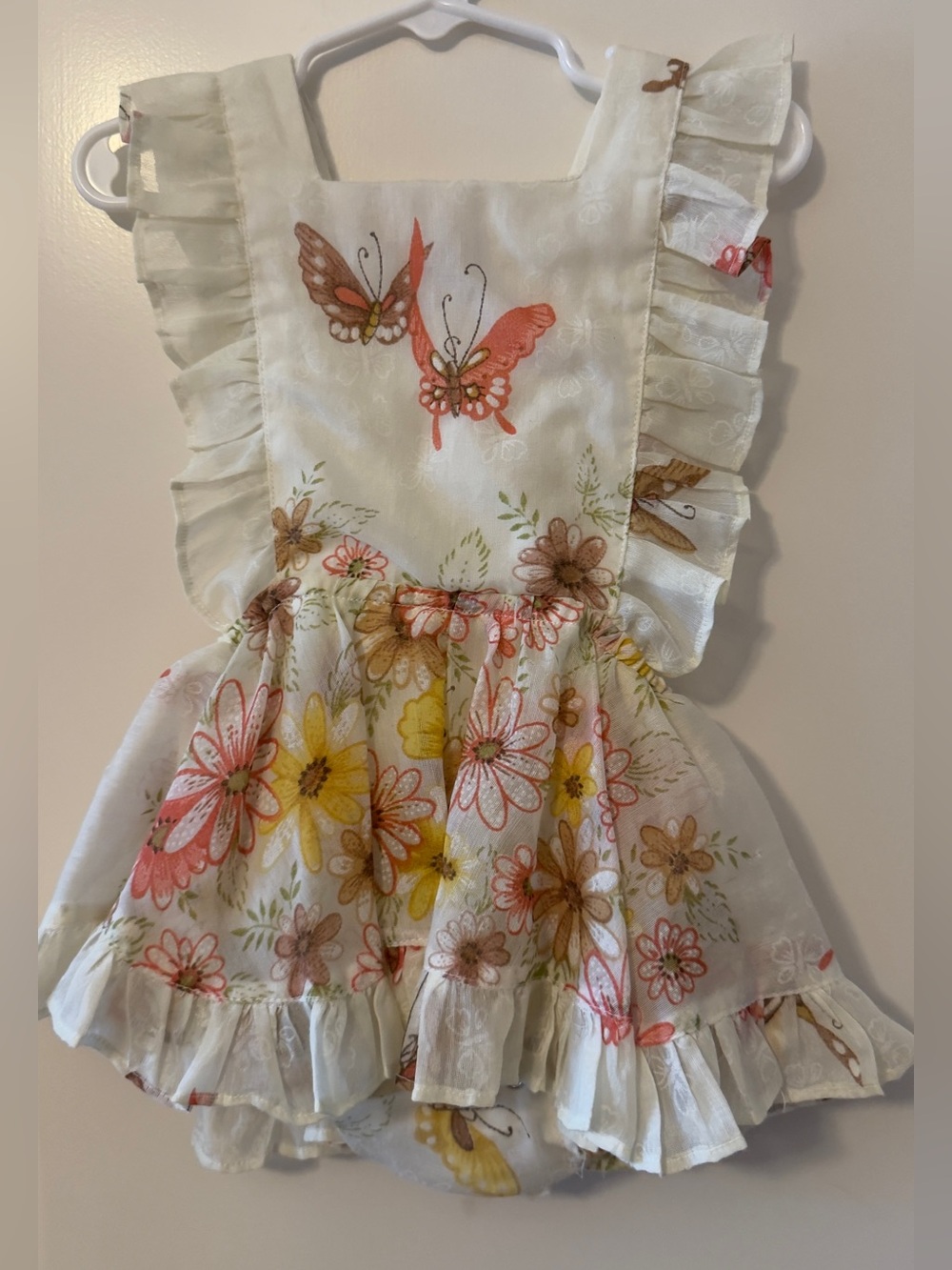 2T Numi Pinafore Dress: Vintage Fabric: Butterfly & Floral - Cream, Pink, Yellow